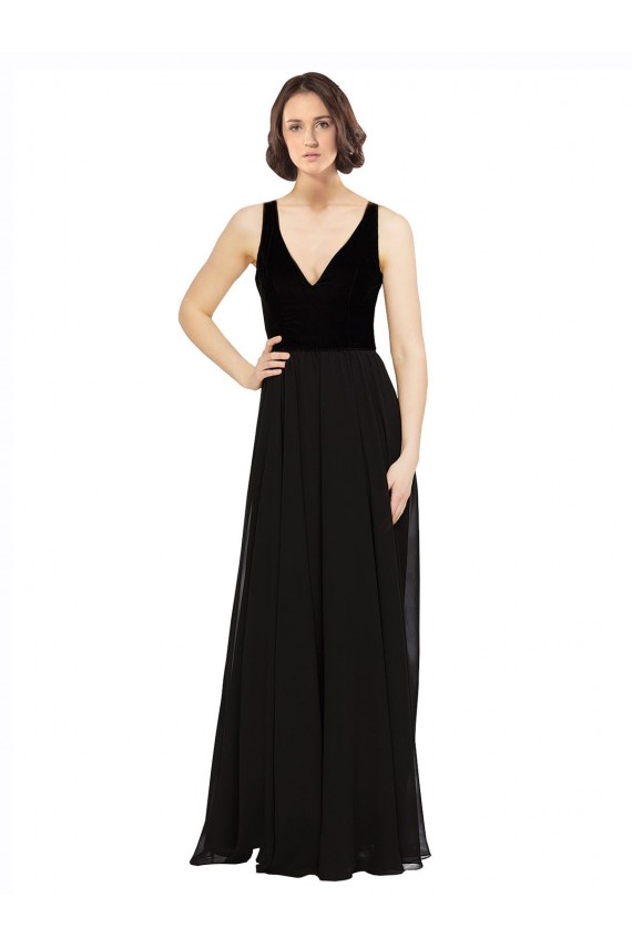 Black V-Neck Sleeveless Open Back Soft Chiffon & Velvet Long Prom Dress Canada Supplier