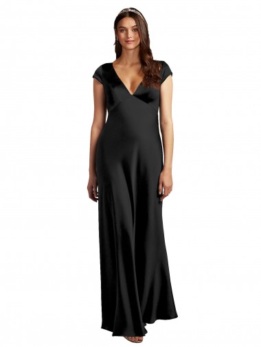 Black V-Neck Cap Sleeves Keyhole Back Long Prom Dress Canada Supplier