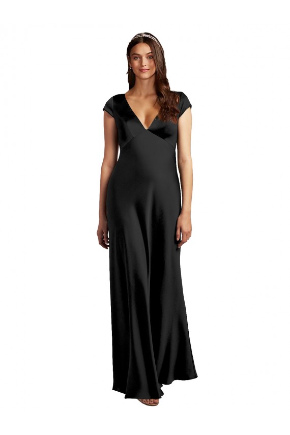 Black V-Neck Cap Sleeves Keyhole Back Long Prom Dress Canada Supplier