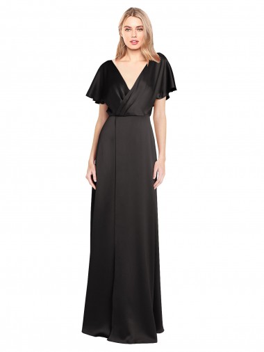 Black V-Neck Cap Sleeves Open Back Long Prom Dress Canada Supplier