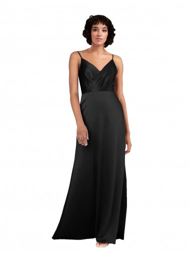 Black V-Neck Sleeveless Silky Satin Long Prom Dress Canada Supplier