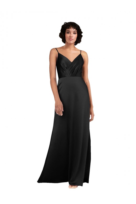 Black V-Neck Sleeveless Silky Satin Long Prom Dress Canada Supplier