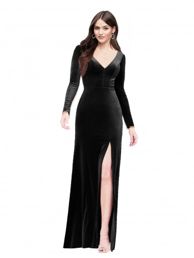 Black V-Neck Long Sleeves V-Back Long Prom Dress Canada Supplier