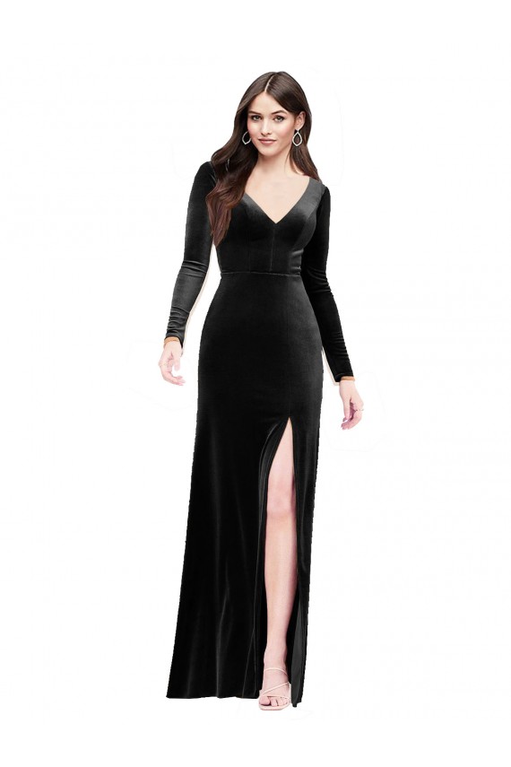 Black V-Neck Long Sleeves V-Back Long Prom Dress Canada Supplier