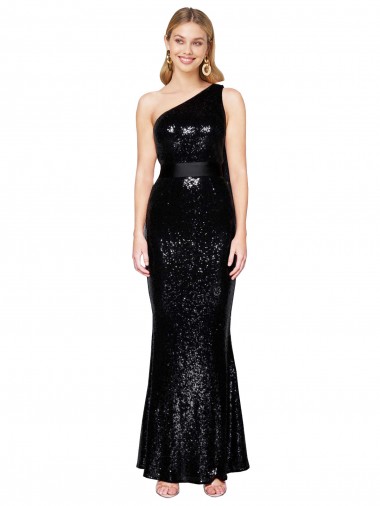Black One Shoulder Sleeveless Sequin Long Prom Dress Canada Supplier