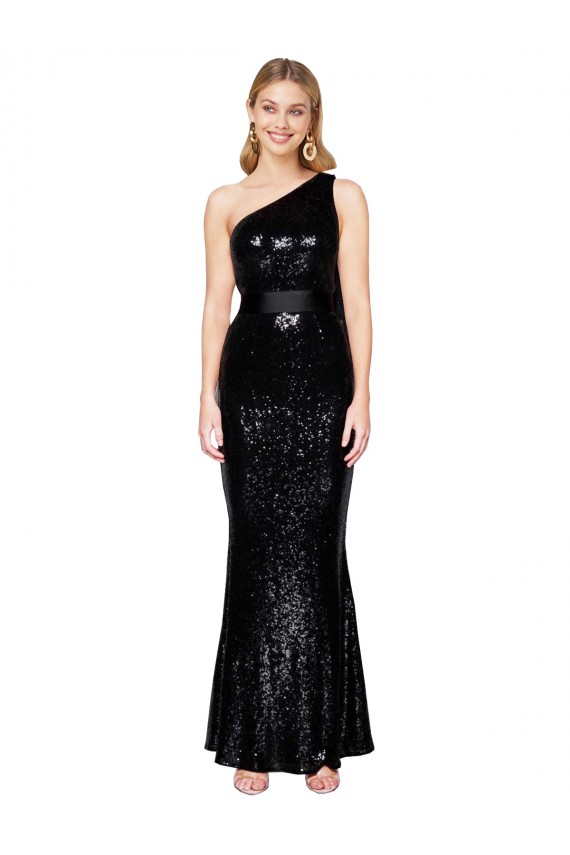 Black One Shoulder Sleeveless Sequin Long Prom Dress Canada Supplier