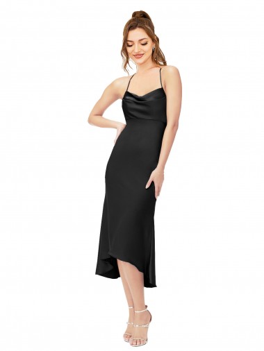 Black Cowl Neck Sleeveless Criss Cross Back Midi Length Sexy Prom Dress Canada Supplier