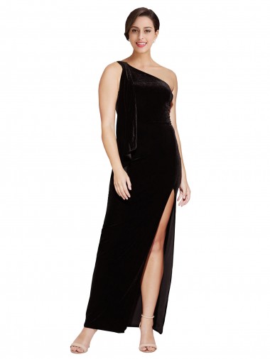 Black One Shoulder Sleeveless Stretch Velvet Long Prom Dress Canada Supplier