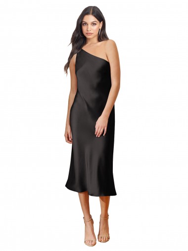 Black One Shoulder Sleeveless Midi Length Prom Dress Canada Supplier