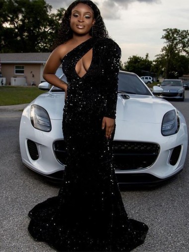 Black One Shoulder Long Sleeves Sweep Train Prom Dress Canada Supplier