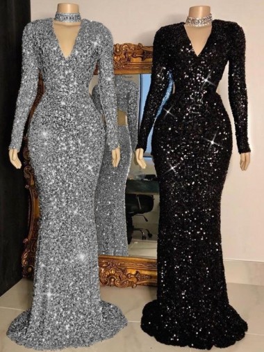 Black V-Neck Long Sleeves Sweep Train Prom Dress Canada Supplier