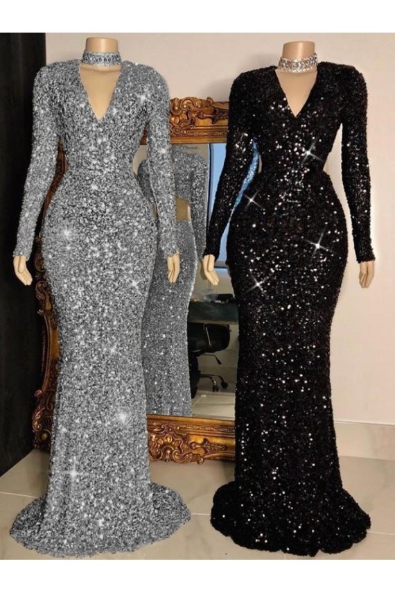 Black V-Neck Long Sleeves Sweep Train Prom Dress Canada Supplier