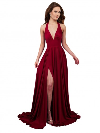 Burgundy V-Neck Sleeveless Open Back A-Line Long Sexy Prom Dress Canada Supplier