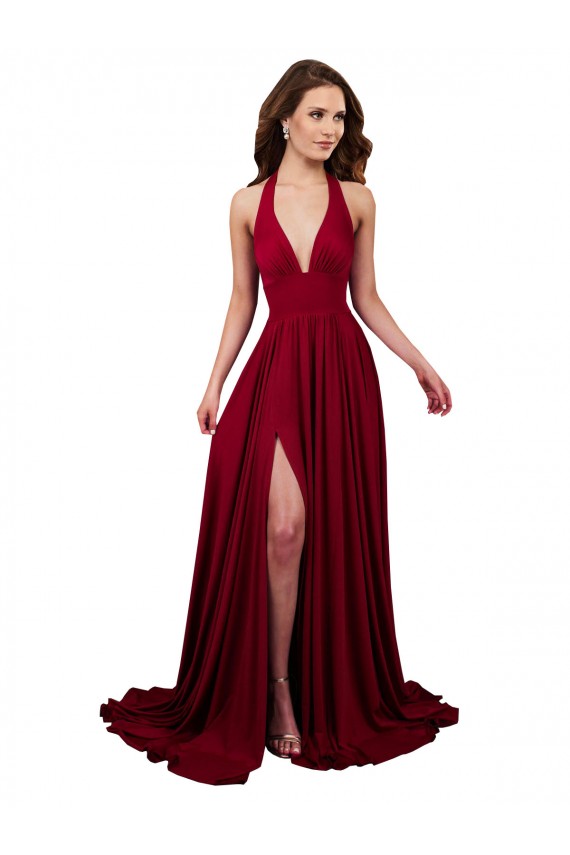 Burgundy V-Neck Sleeveless Open Back A-Line Long Sexy Prom Dress Canada Supplier