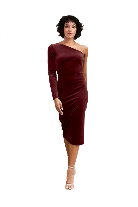 Burgundy One Shoulder Long Sleeves Midi Length Prom Dress Canada Supplier