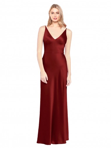 Burgundy V-Neck Sleeveless V-Back Stretch Satin Long Prom Dress Canada Supplier