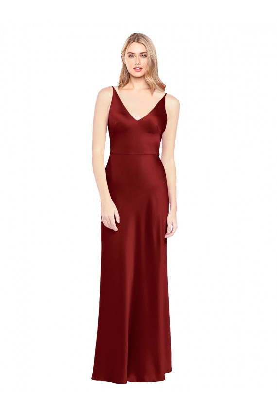 Burgundy V-Neck Sleeveless V-Back Stretch Satin Long Prom Dress Canada Supplier
