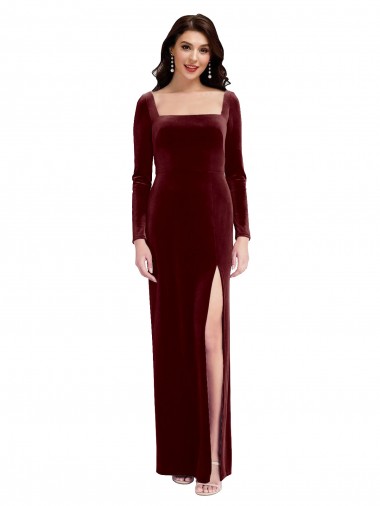 Burgundy Square Neck Long Sleeves Low Back Long Prom Dress Canada Supplier
