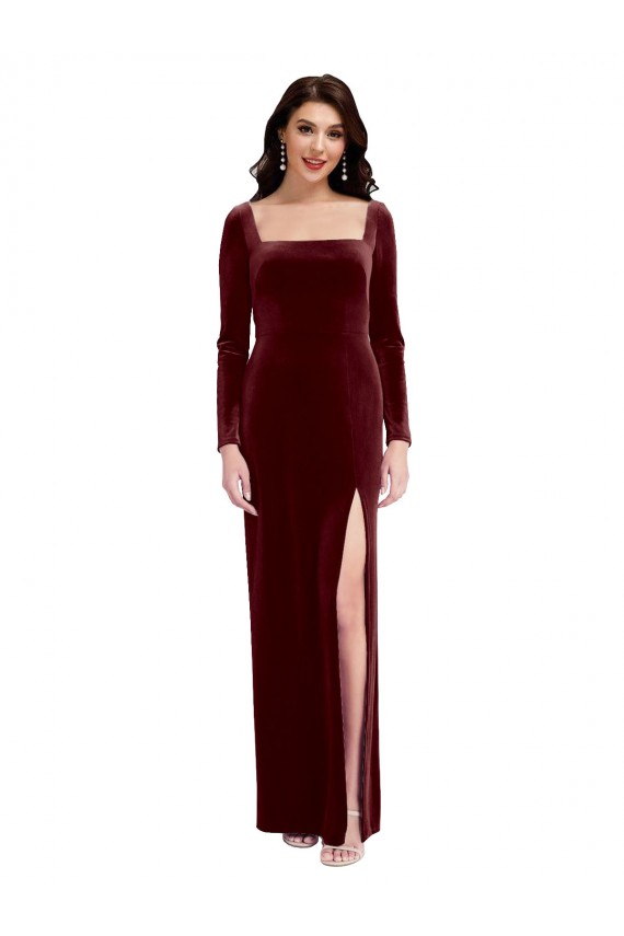 Burgundy Square Neck Long Sleeves Low Back Long Prom Dress Canada Supplier