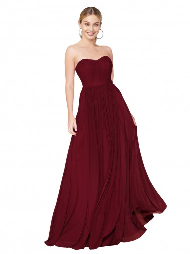 Burgundy Strapless Sleeveless Soft Chiffon Long Prom Dress Canada Supplier