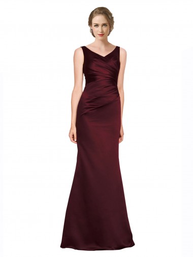 Burgundy V-Neck Sleeveless Low Back Satin Long Prom Dress Canada Supplier
