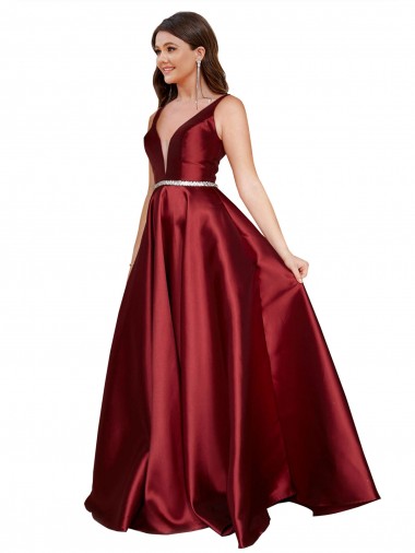Burgundy V-Neck Sleeveless V-Back Long Plus Size Prom Dress Canada Supplier
