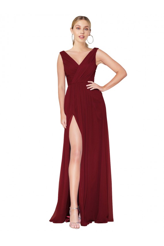 Burgundy High Neck Sleeveless V-Back Long Evening Prom Gowns Canada Supplier