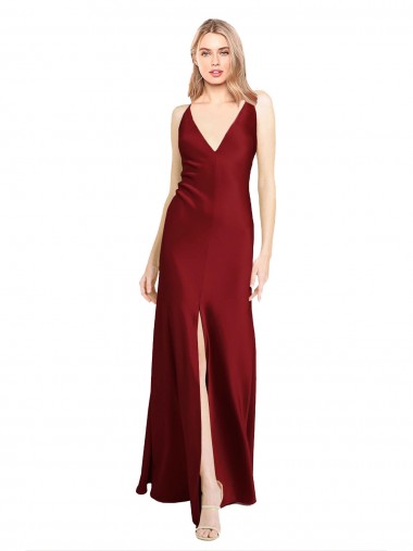 Burgundy V-Neck Sleeveless V-Back Stretch Satin Long Prom Dresses Canada Supplier