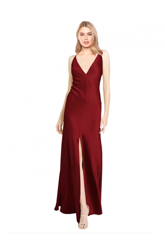 Burgundy V-Neck Sleeveless V-Back Stretch Satin Long Prom Dresses Canada Supplier