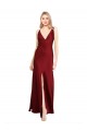 Burgundy V-Neck Sleeveless V-Back Stretch Satin Long Prom Dresses Canada Supplier
