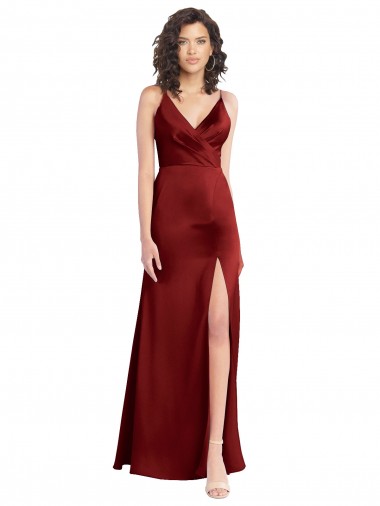 Burgundy V-Neck Sleeveless V-Back Stretch Satin Long Evening Prom Gowns Canada Supplier
