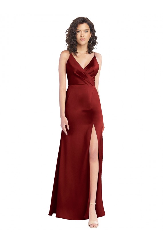 Burgundy V-Neck Sleeveless V-Back Stretch Satin Long Evening Prom Gowns Canada Supplier