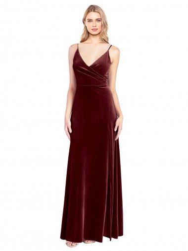 Burgundy V-Neck Sleeveless V-Back Stretch Velvet Long Prom Dress Canada Supplier