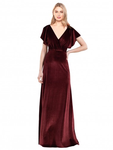 Burgundy V-Neck Flutter Sleeves Open Back Long Prom Dress Canada Supplier