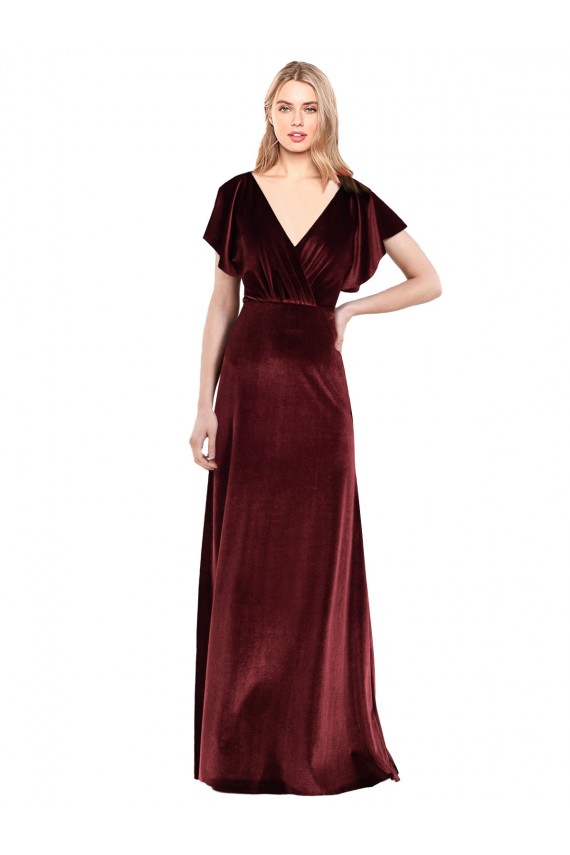 Burgundy V-Neck Flutter Sleeves Open Back Long Prom Dress Canada Supplier