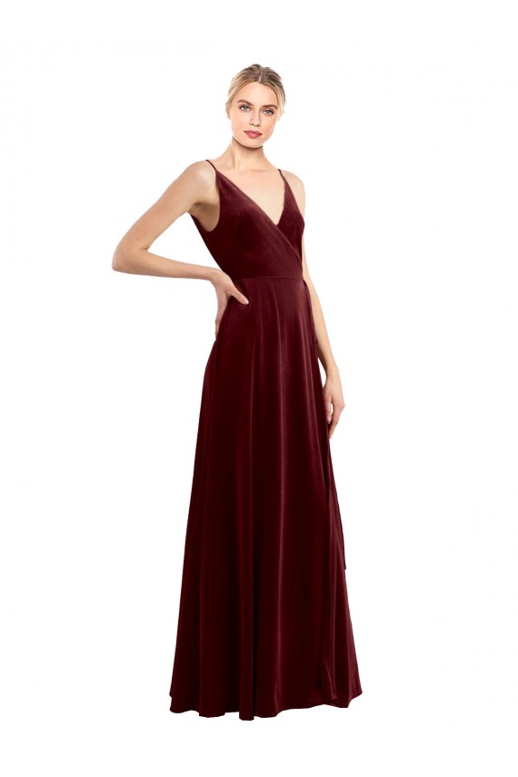 Burgundy V-Neck Sleeveless V-Back Stretch Velvet Long Evening Prom Gowns Canada Supplier
