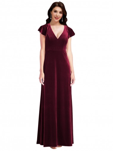 Burgundy V-Neck Flutter Sleeves Long Prom Dress Canada Supplier