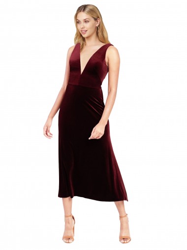 Burgundy V-Neck Sleeveless V-Back Midi Length Prom Dress Canada Supplier