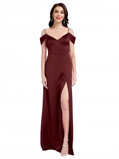 Burgundy Gold V-Neck Sleeveless Stretch Satin Long Evening Prom Gowns Canada Supplier