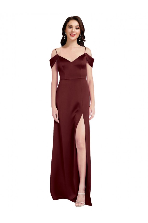 Burgundy Gold V-Neck Sleeveless Stretch Satin Long Evening Prom Gowns Canada Supplier