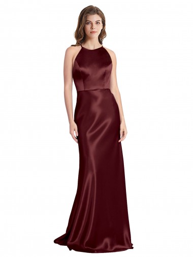 Burgundy Gold V-Neck Sleeveless Stretch Satin Long Prom Dress Canada Supplier