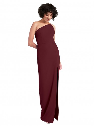 Burgundy Gold One Shoulder Sleeveless Stretch Crepe Long Prom Dress Canada Supplier
