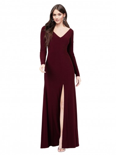 Burgundy Gold V-Neck Long Sleeves V-Back Long Prom Dress Canada Supplier