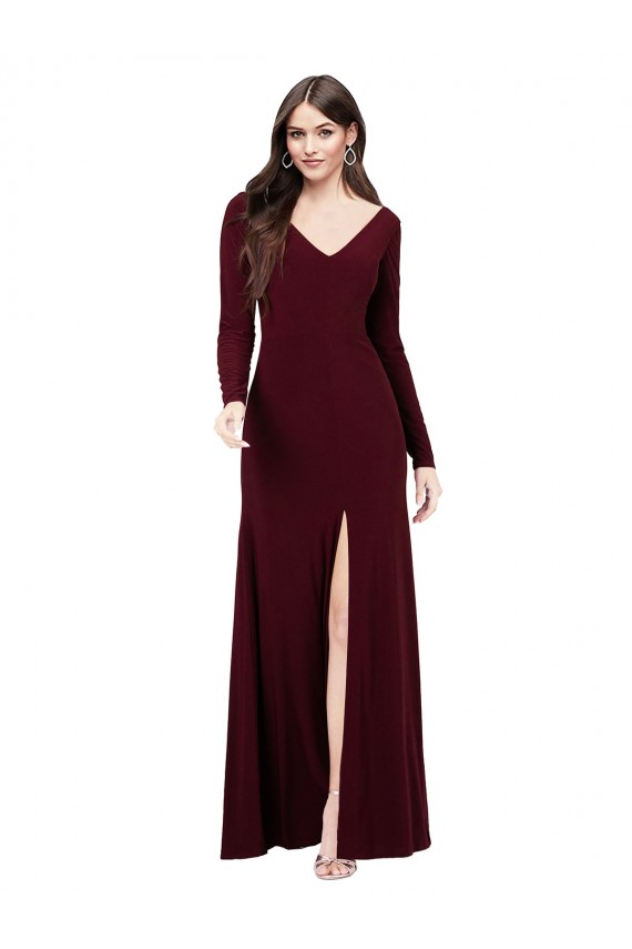 Burgundy Gold V-Neck Long Sleeves V-Back Long Prom Dress Canada Supplier