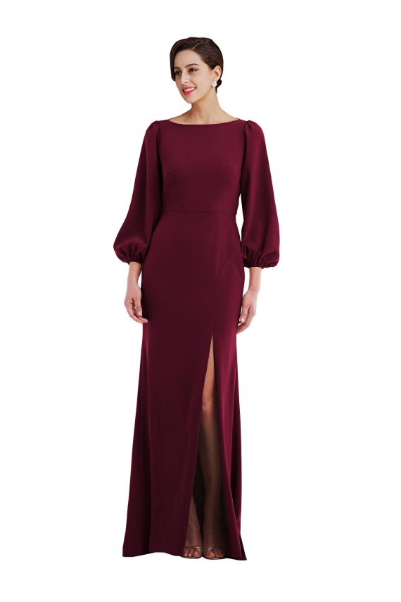 Burgundy Gold Bateau Neck Long Sleeves Open Back Long Prom Dress Canada Supplier