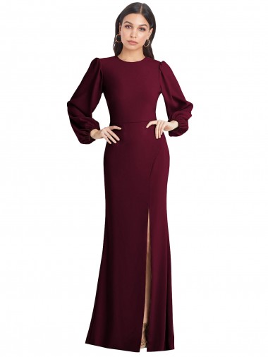 Burgundy Gold Bateau Neck Puff Sleeves Open Back Long Prom Dress Canada Supplier