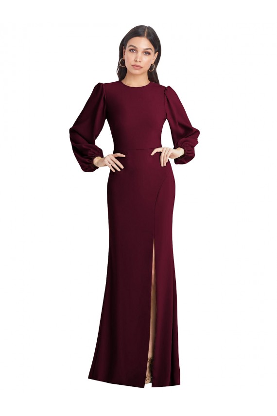 Burgundy Gold Bateau Neck Puff Sleeves Open Back Long Prom Dress Canada Supplier