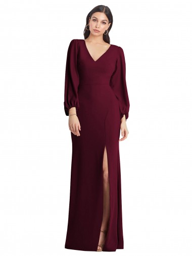 Burgundy Gold V-Neck Puff Sleeves Long Prom Dress Canada Supplier