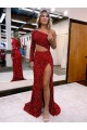 Burgundy One Shoulder Long Sleeves Sweep Train High Slit Prom Dress Canada Supplier