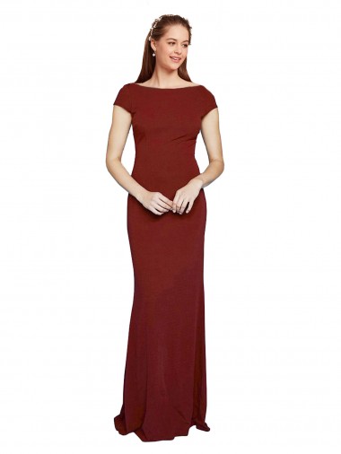 Burgundy Round Neck Cap Sleeves Keyhole Back Long Prom Dress Canada Supplier